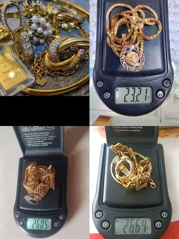 Kolase empat foto penimbangan emas dengan hasil 23,21 sampai 26,64 gram